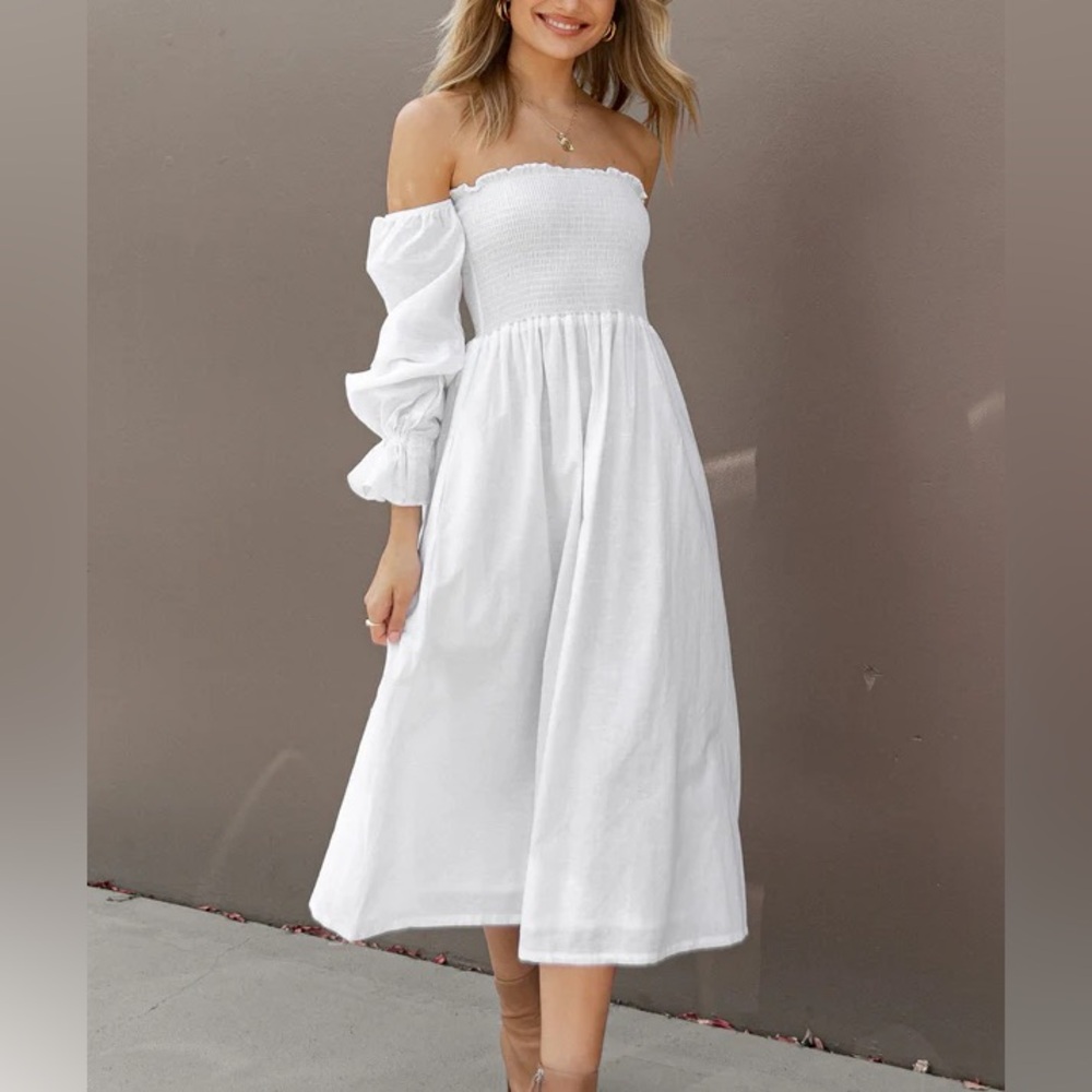 Petal & Pup White Domenica Shirred Long Sleeve Midi Dress